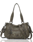 Vintage Distressed Vegan PU Studded Multi-Pocket Shoulder Tote Bag