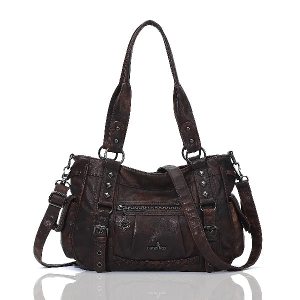 Vintage Distressed Vegan PU Studded Multi-Pocket Shoulder Tote Bag