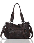 Vintage Distressed Vegan PU Studded Multi-Pocket Shoulder Tote Bag