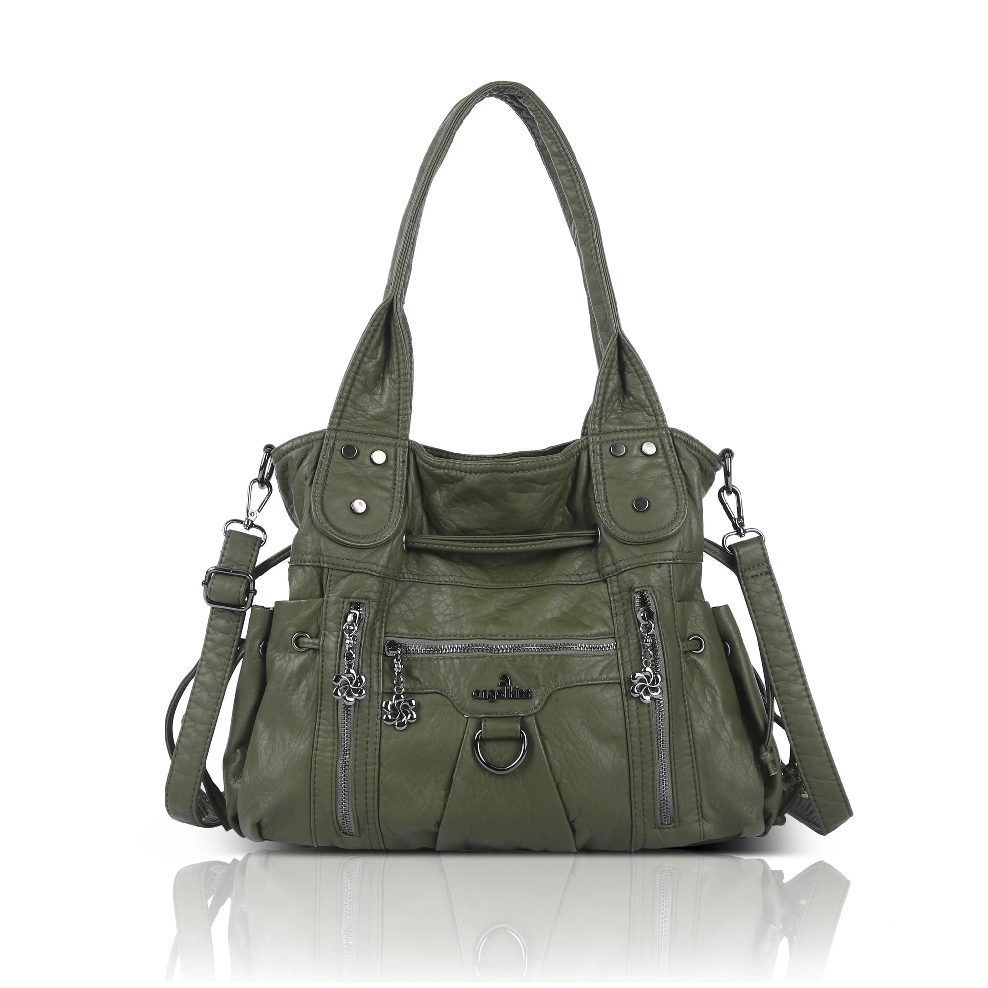 Women’s Vintage Utility Shoulder Bag with Layered Zip Pockets