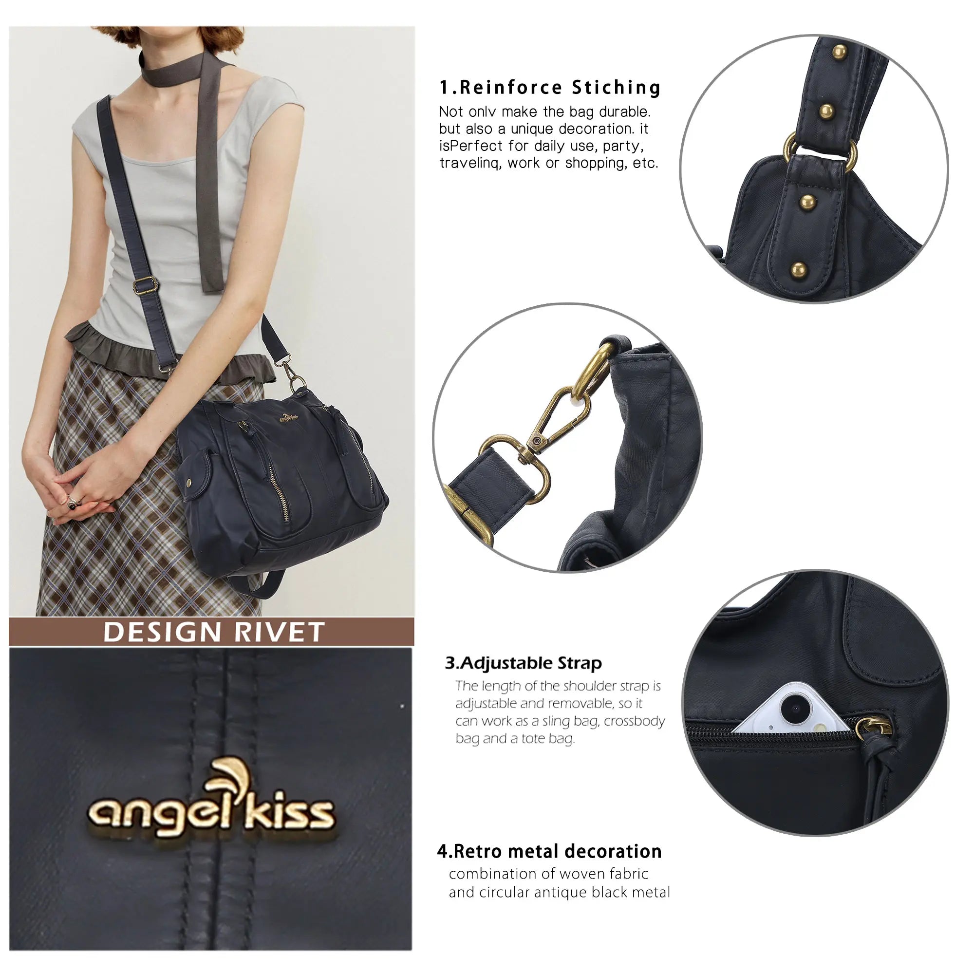 Y2K Double Pocket Shoulder Bag Belted Faux Leather Crossbody Bag