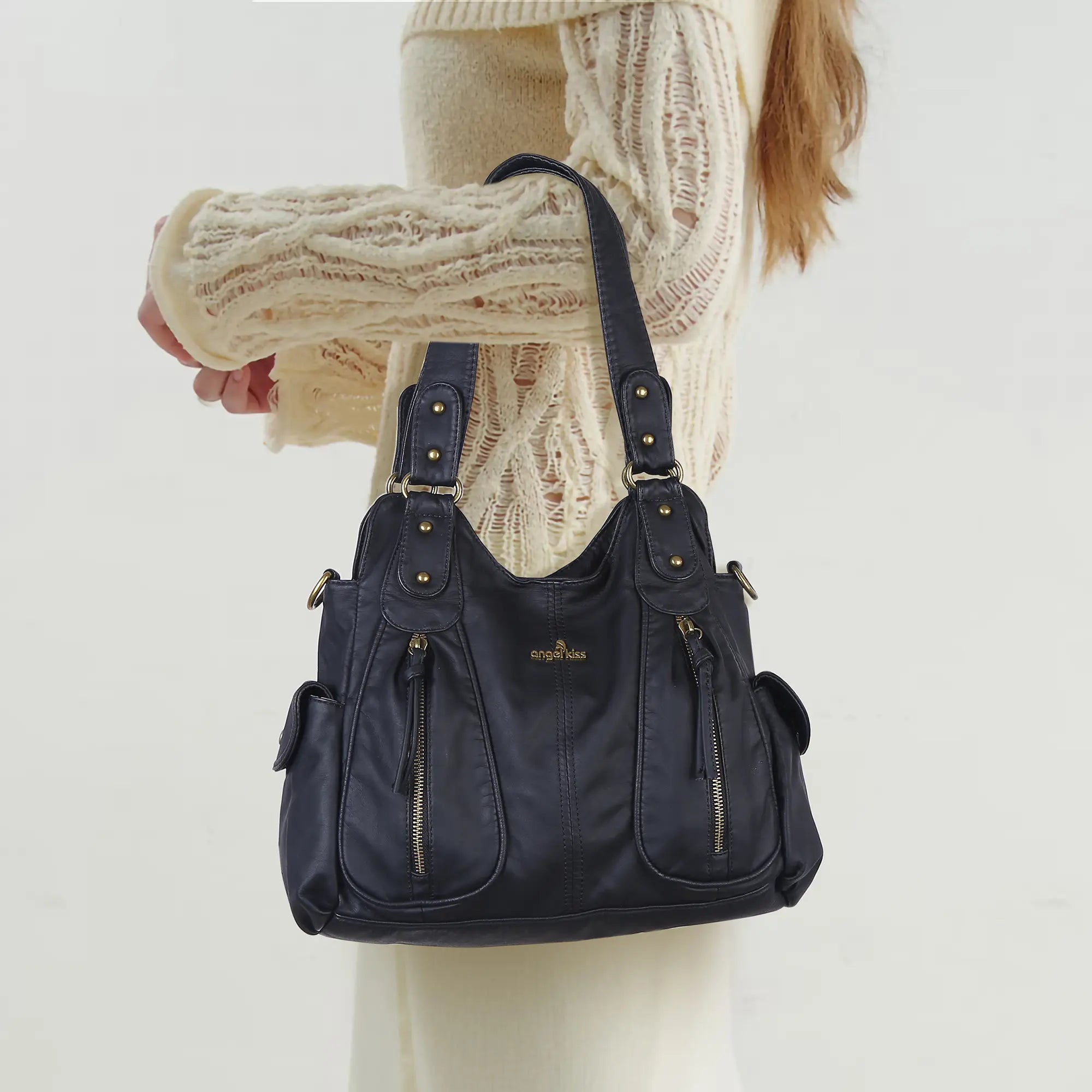 Y2K Double Pocket Shoulder Bag Belted Faux Leather Crossbody Bag