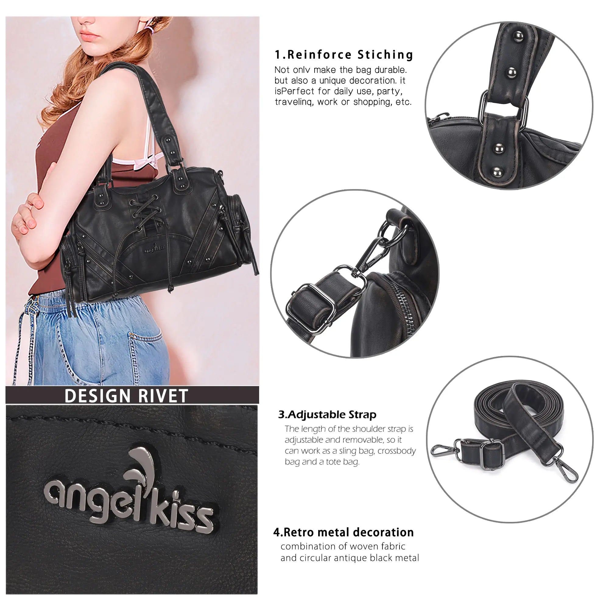 Lace-Up Moto Multi-Pocket Shoulder Bag