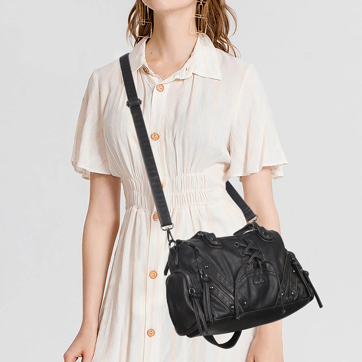 Lace-Up Moto Multi-Pocket Shoulder Bag