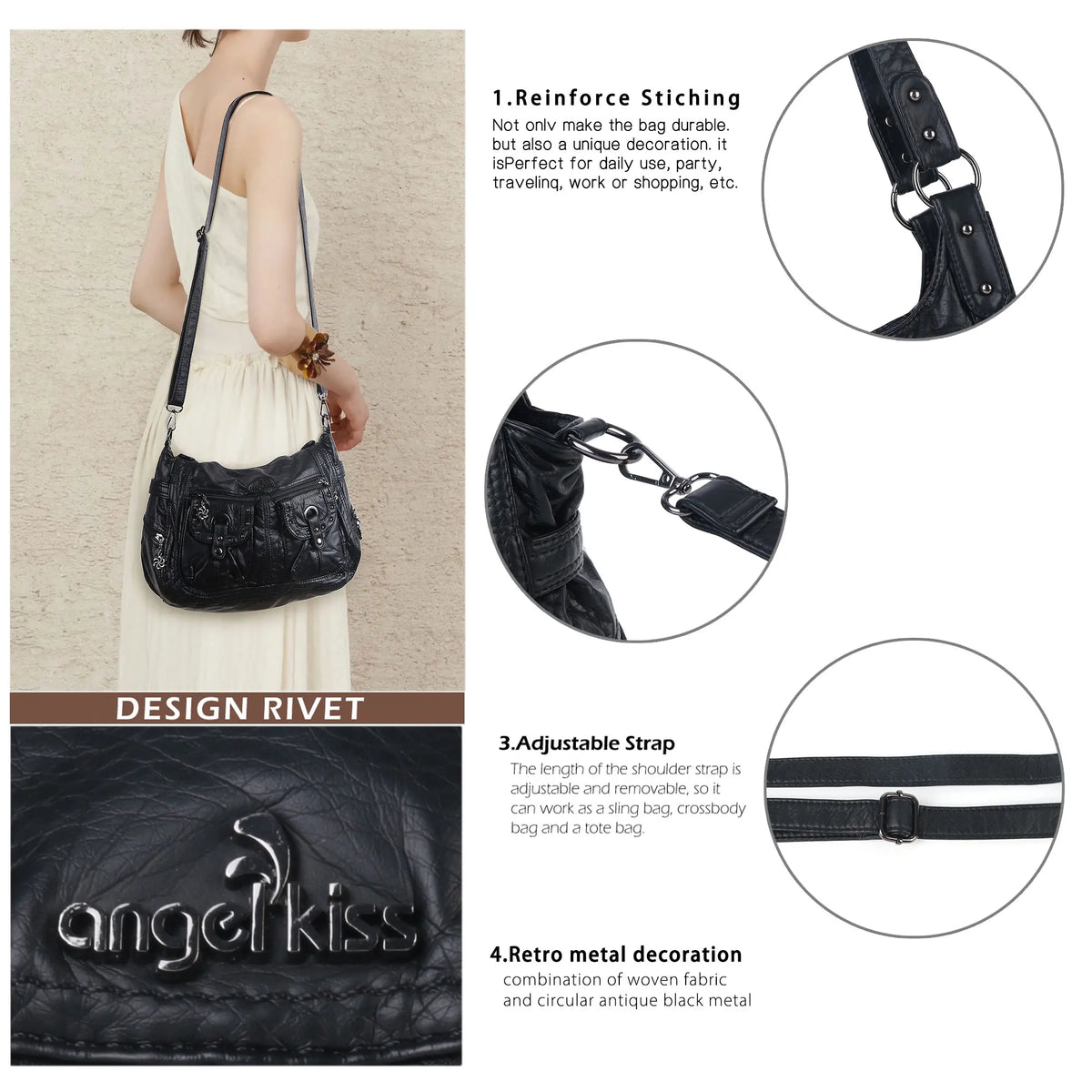 Women's Biker Purses Moto Shoulder Bag Medium Studded Handbags