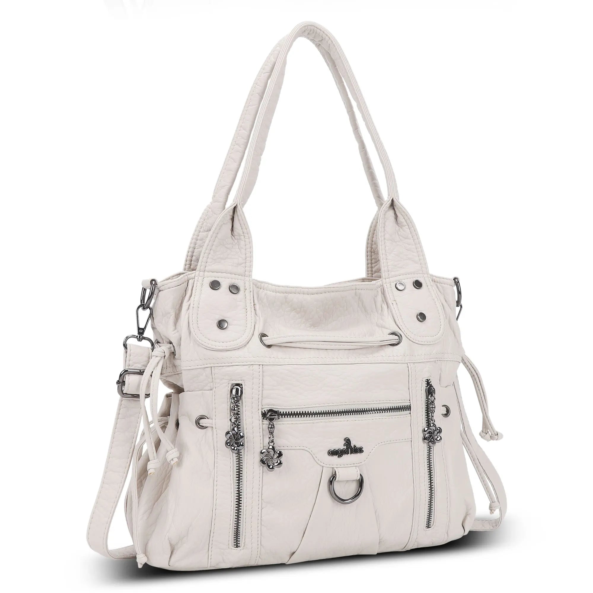 Women’s Vintage Utility Shoulder Bag with Layered Zip Pockets