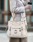 Women’s Vintage Utility Shoulder Bag with Layered Zip Pockets