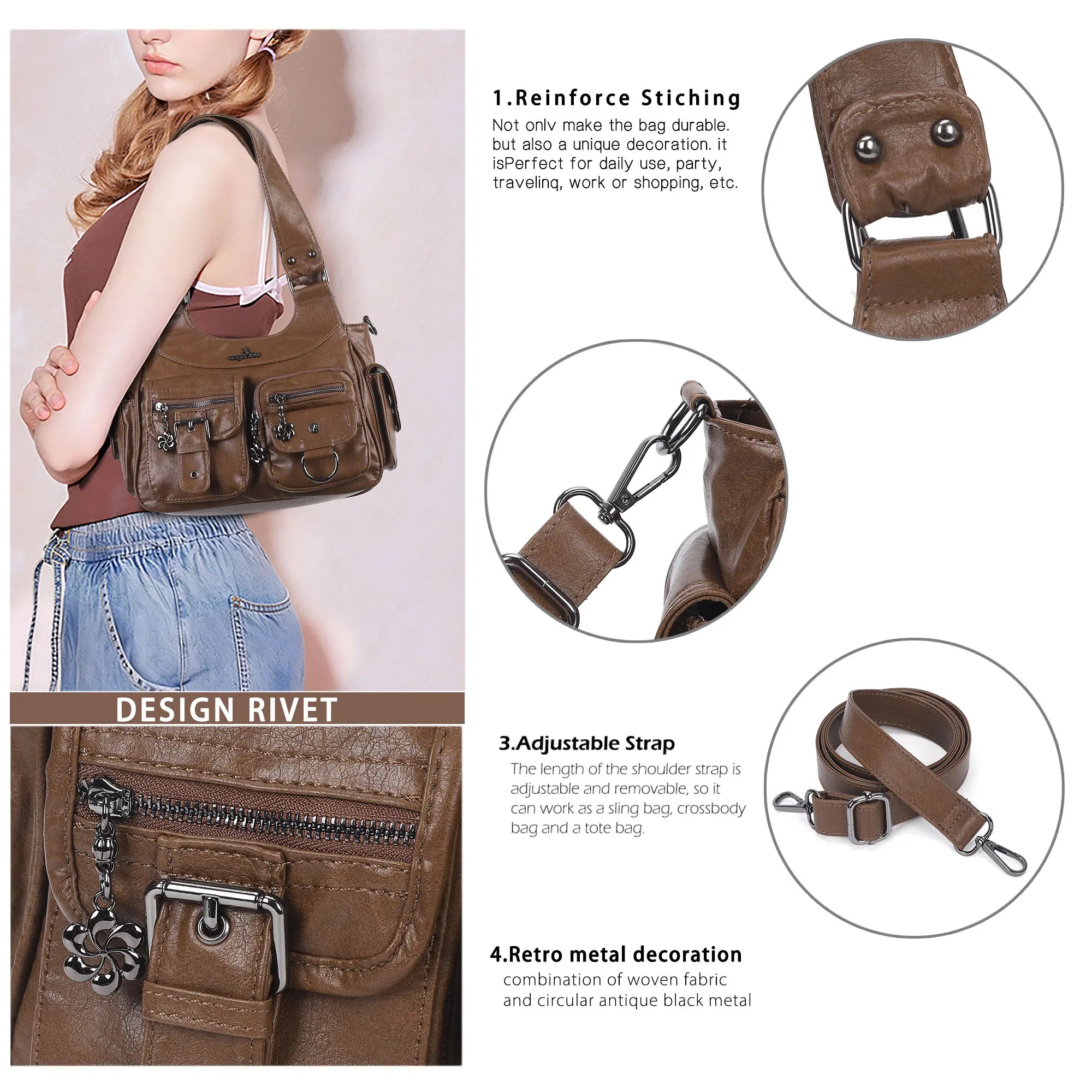Women’s 2000s Cargo Multi-Pocket Shoulder Bag with Crossbody Strap