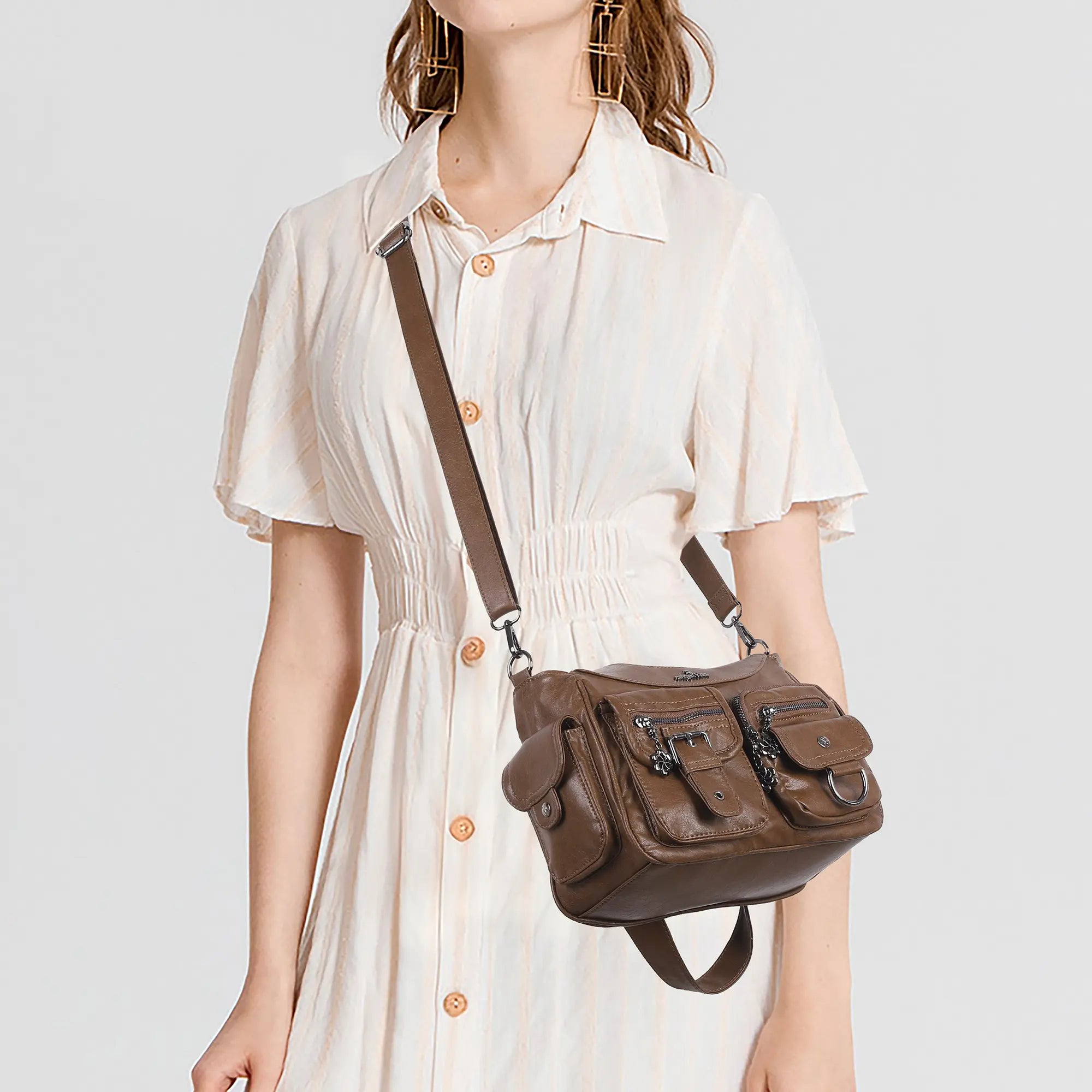 Women’s 2000s Cargo Multi-Pocket Shoulder Bag with Crossbody Strap