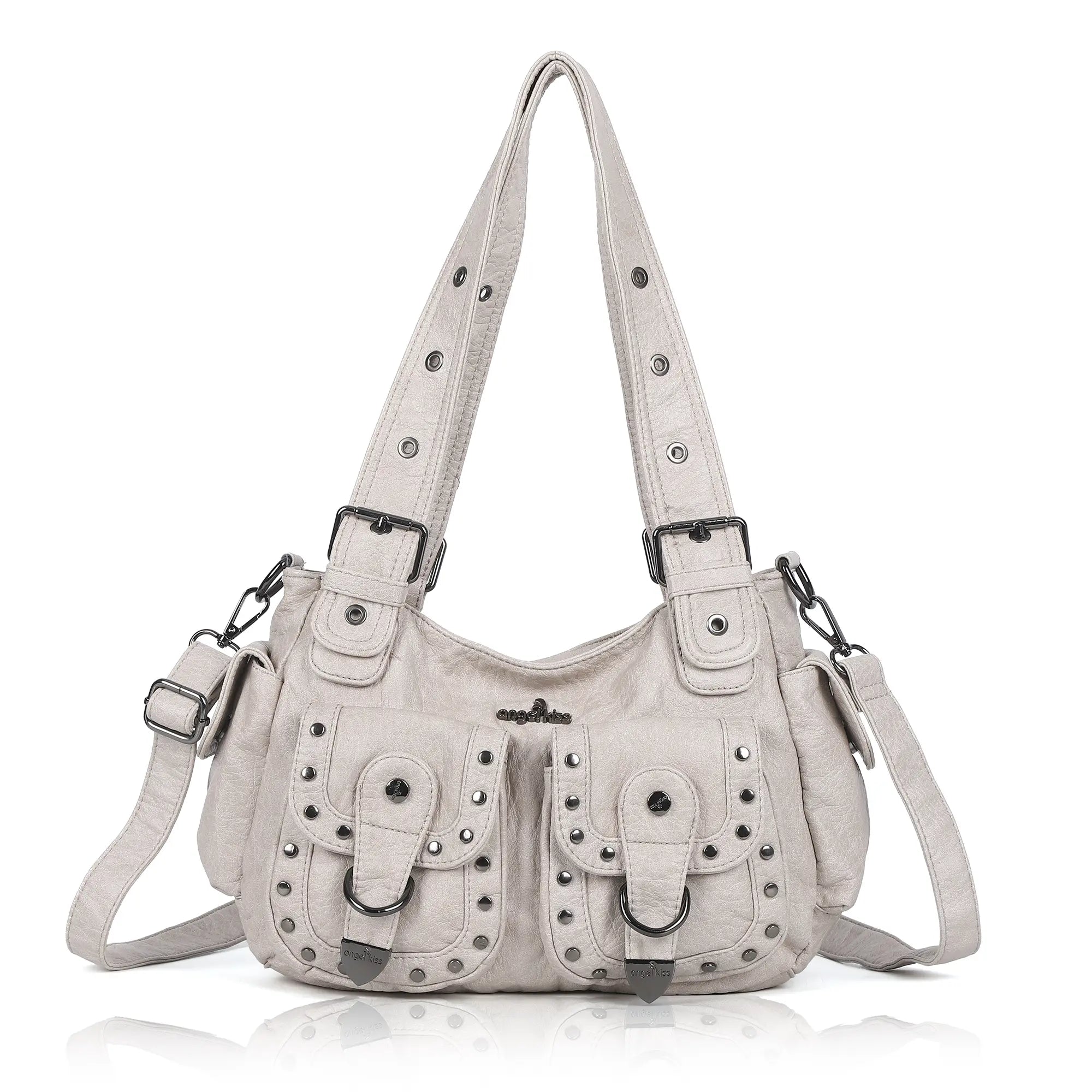 Vintage Washed Multi-Pocket Purse - Punk Studded Crossbody Shoulder Bag for Women