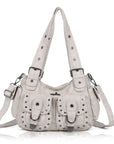 Vintage Washed Multi-Pocket Purse - Punk Studded Crossbody Shoulder Bag for Women