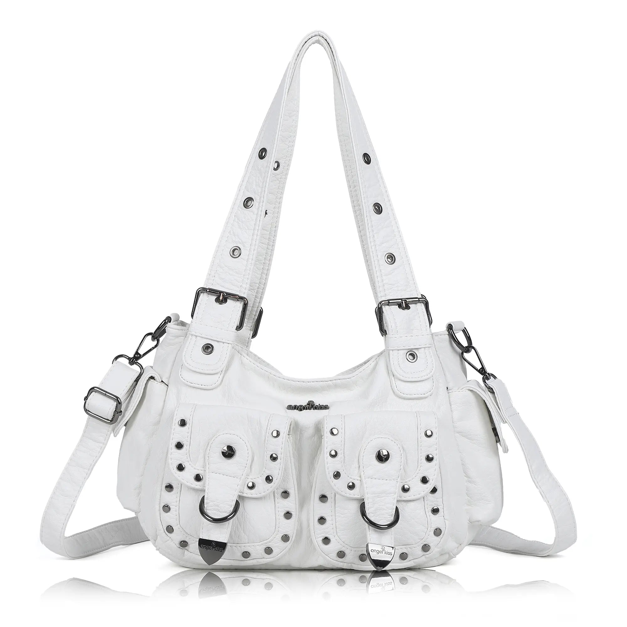 Vintage Washed Multi-Pocket Purse - Punk Studded Crossbody Shoulder Bag for Women