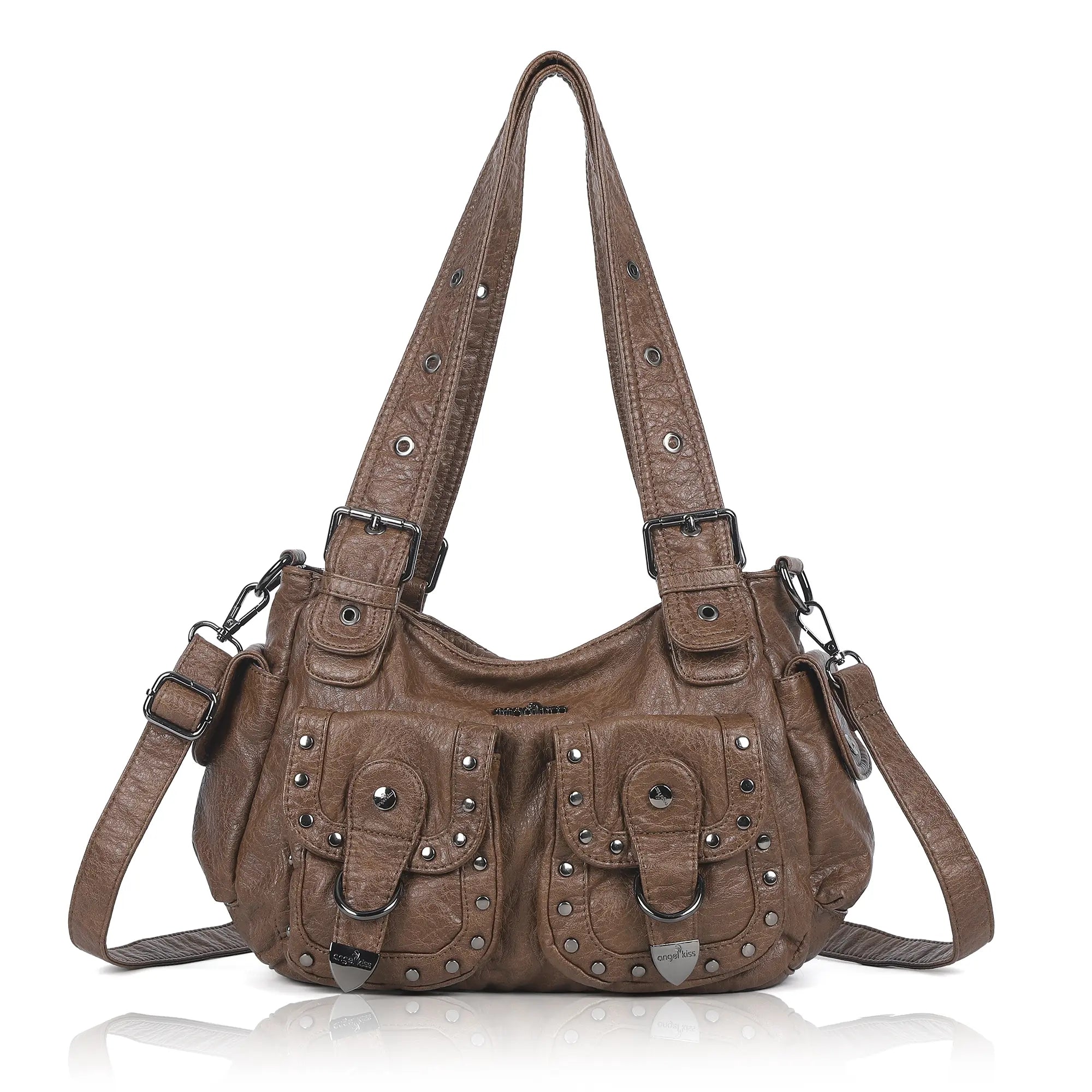 Vintage Washed Multi-Pocket Purse - Punk Studded Crossbody Shoulder Bag for Women