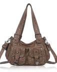 Vintage Washed Multi-Pocket Purse - Punk Studded Crossbody Shoulder Bag for Women