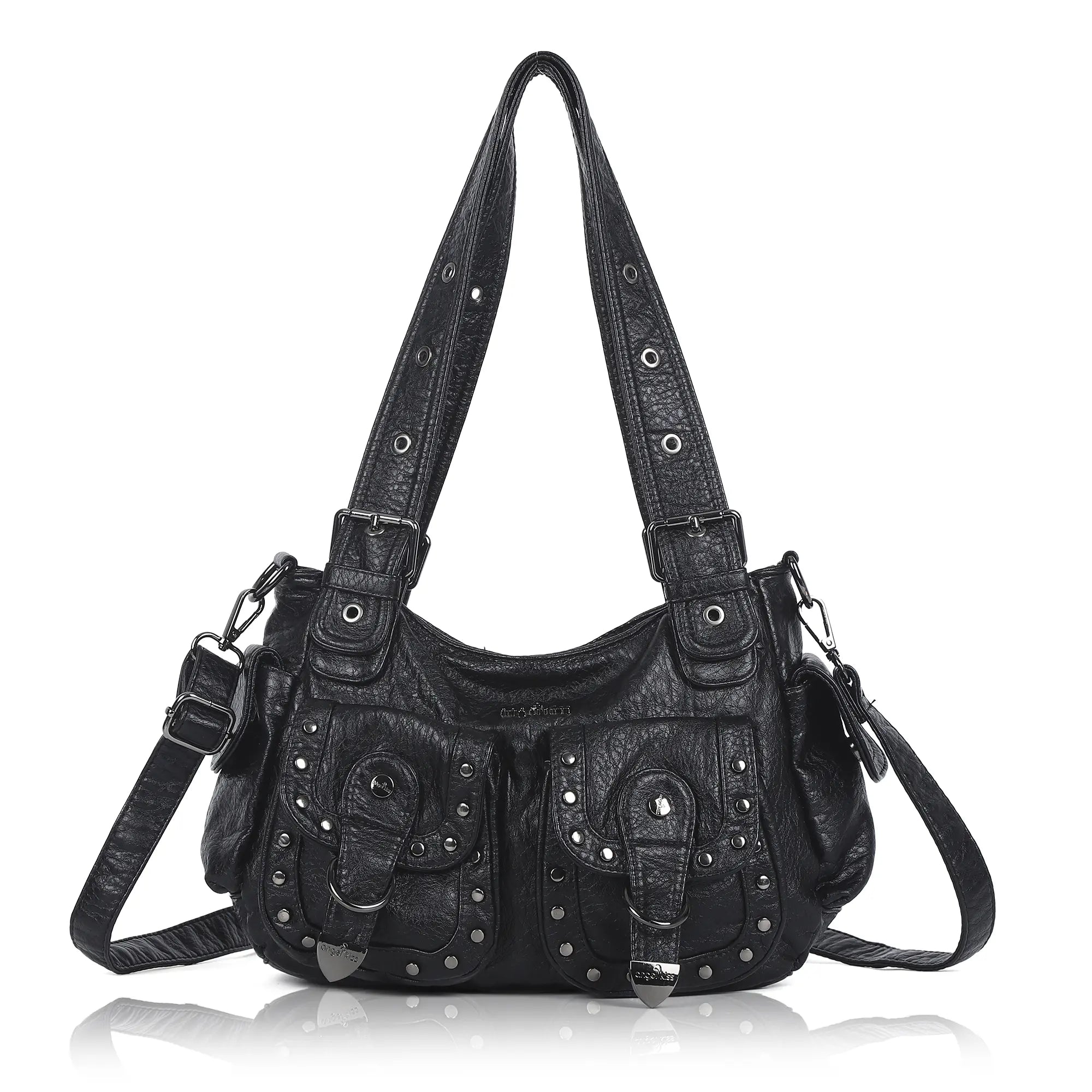 Vintage Washed Multi-Pocket Purse - Punk Studded Crossbody Shoulder Bag for Women