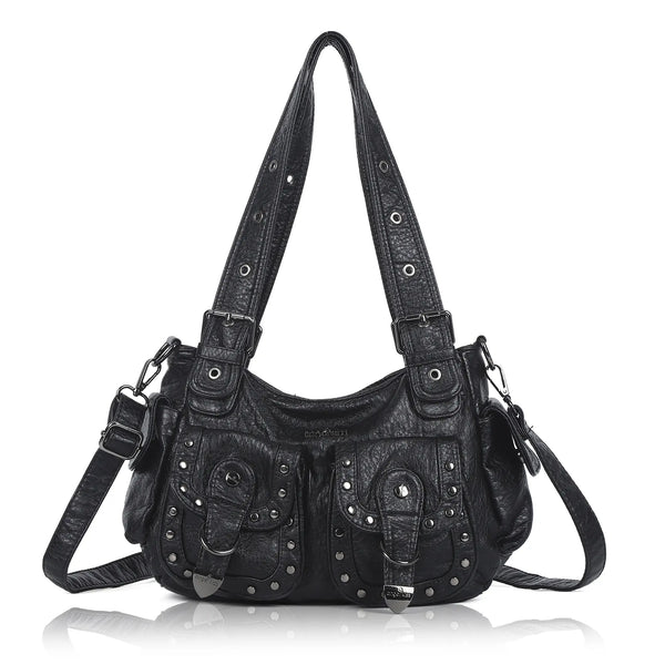 Vintage Washed Multi-Pocket Purse - Punk Studded Crossbody Shoulder Bag for Women