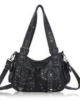Vintage Washed Multi-Pocket Purse - Punk Studded Crossbody Shoulder Bag for Women