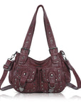 Vintage Washed Multi-Pocket Purse - Punk Studded Crossbody Shoulder Bag for Women