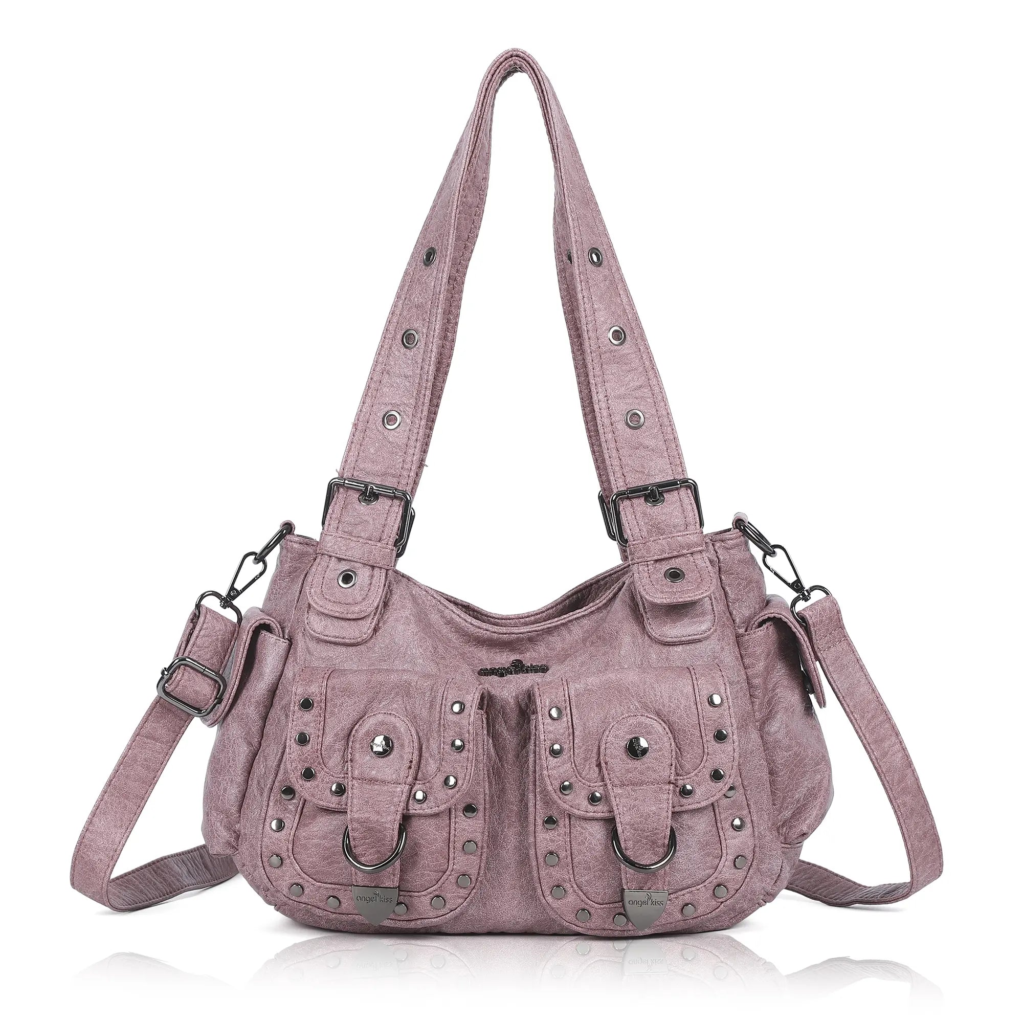 Vintage Washed Multi-Pocket Purse - Punk Studded Crossbody Shoulder Bag for Women