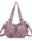 Vintage Washed Multi-Pocket Purse - Punk Studded Crossbody Shoulder Bag for Women