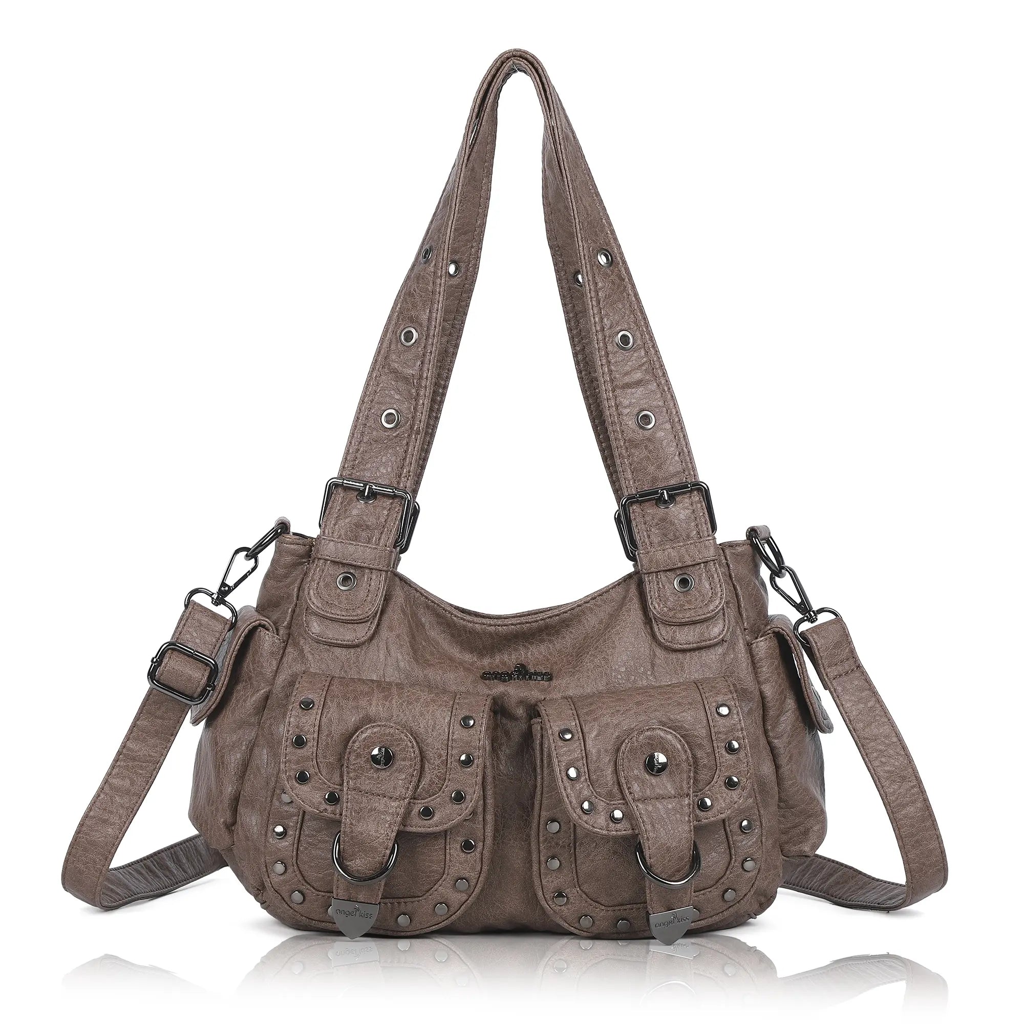Vintage Washed Multi-Pocket Purse - Punk Studded Crossbody Shoulder Bag for Women