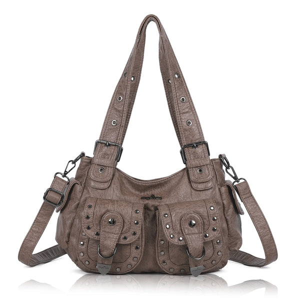 Vintage Washed Multi-Pocket Purse - Punk Studded Crossbody Shoulder Bag for Women