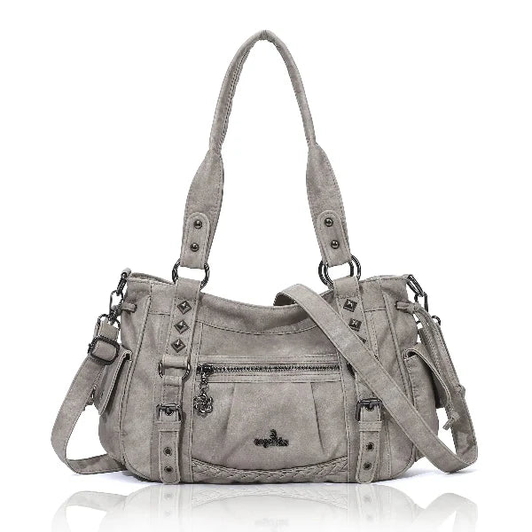 Vintage Distressed Vegan PU Studded Multi-Pocket Shoulder Tote Bag