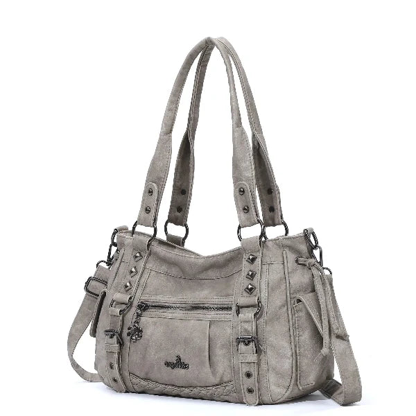 Vintage Distressed Vegan PU Studded Multi-Pocket Shoulder Tote Bag
