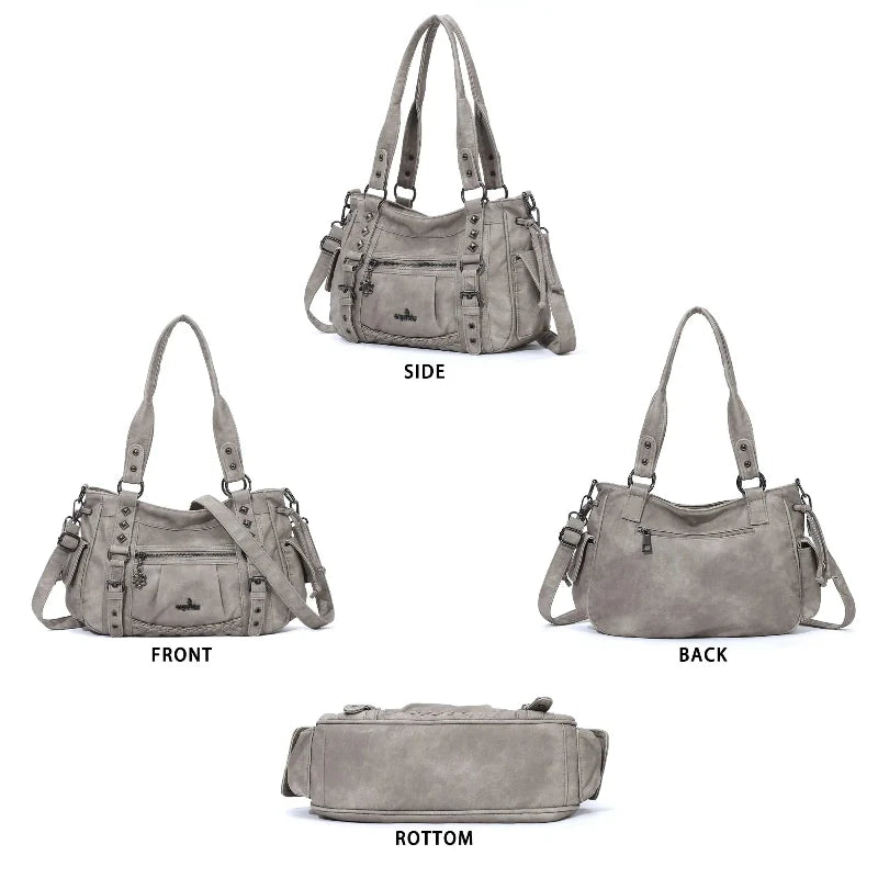 Vintage Distressed Vegan PU Studded Multi-Pocket Shoulder Tote Bag
