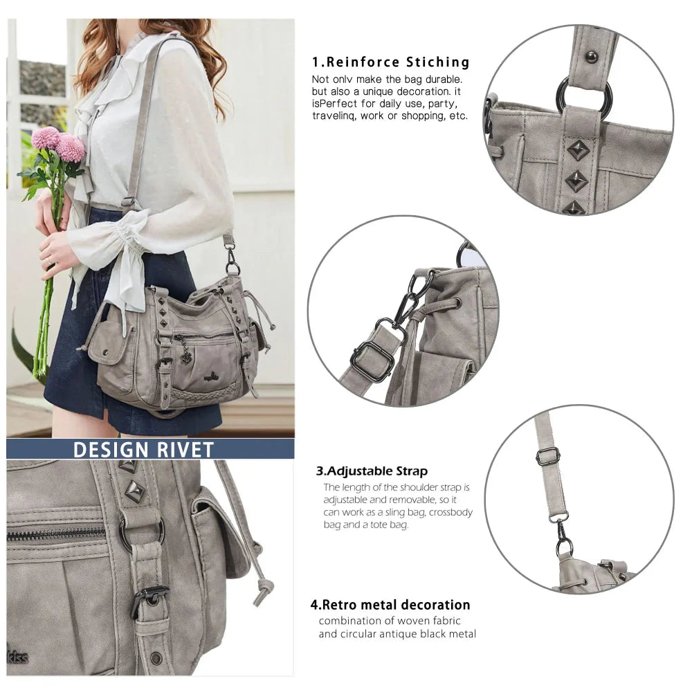 Vintage Distressed Vegan PU Studded Multi-Pocket Shoulder Tote Bag