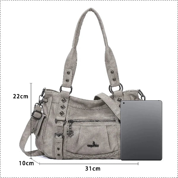 Vintage Distressed Vegan PU Studded Multi-Pocket Shoulder Tote Bag