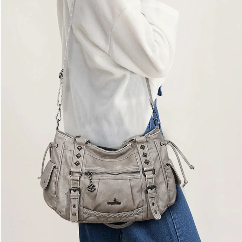 Vintage Distressed Vegan PU Studded Multi-Pocket Shoulder Tote Bag
