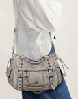 Vintage Distressed Vegan PU Studded Multi-Pocket Shoulder Tote Bag