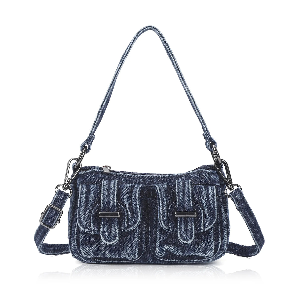 Vintage Utility Multi-Pocket Denim Baguette Bag