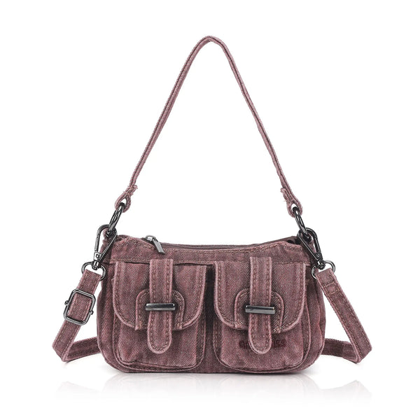 Vintage Utility Multi-Pocket Denim Baguette Bag