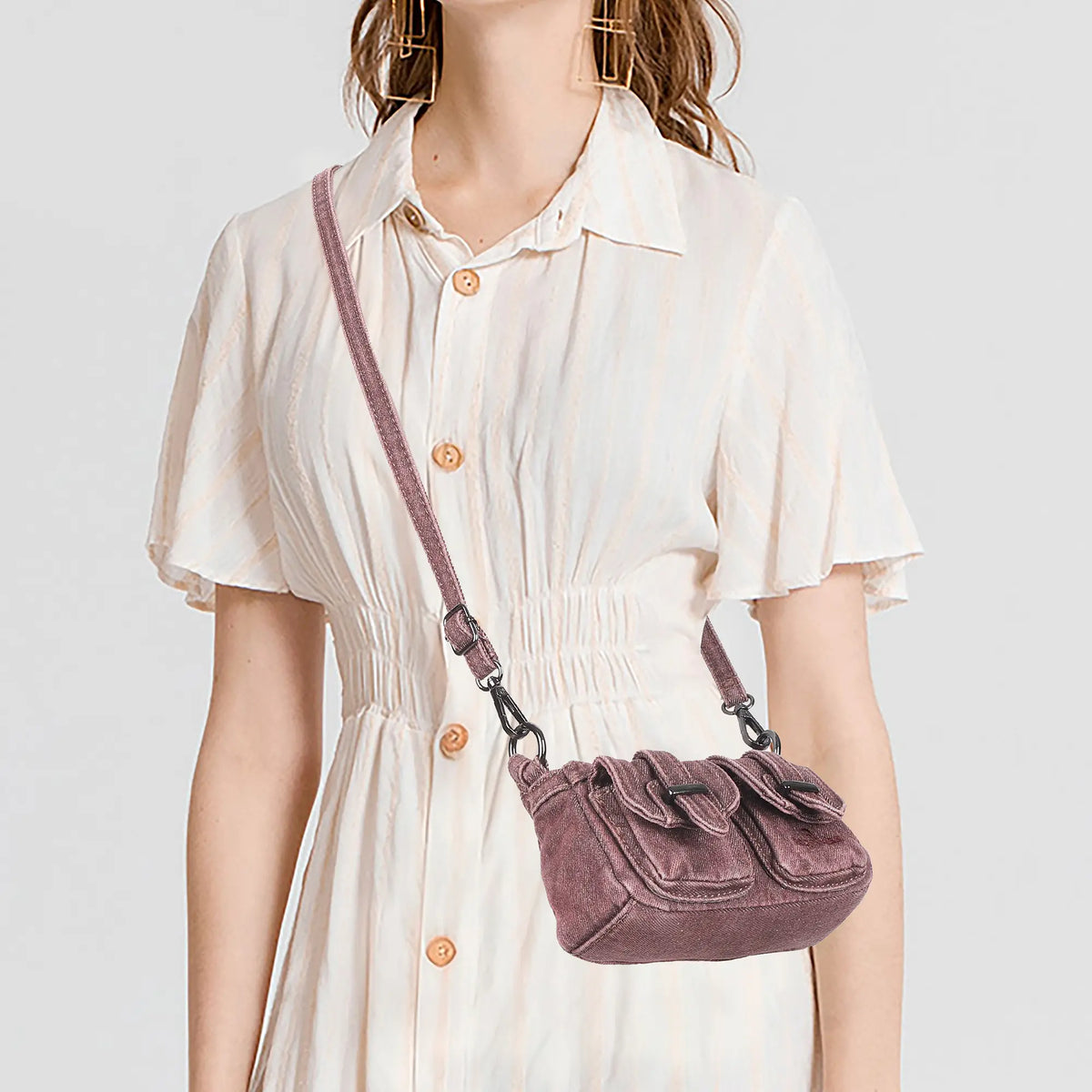 Vintage Utility Multi-Pocket Denim Baguette Bag