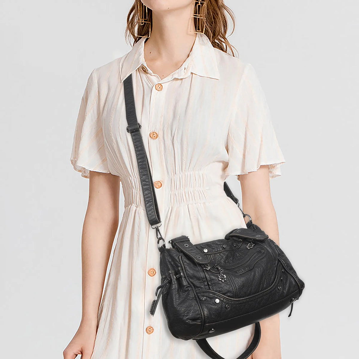 Studded Multi-Pocket Moto Shoulder Bag