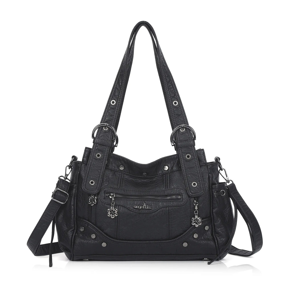 Studded Multi-Pocket Moto Shoulder Bag