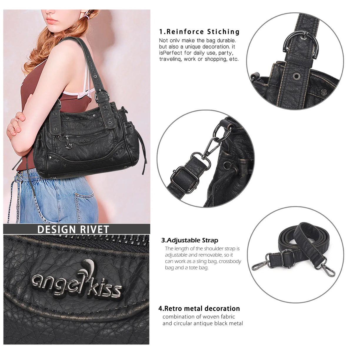 Studded Multi-Pocket Moto Shoulder Bag