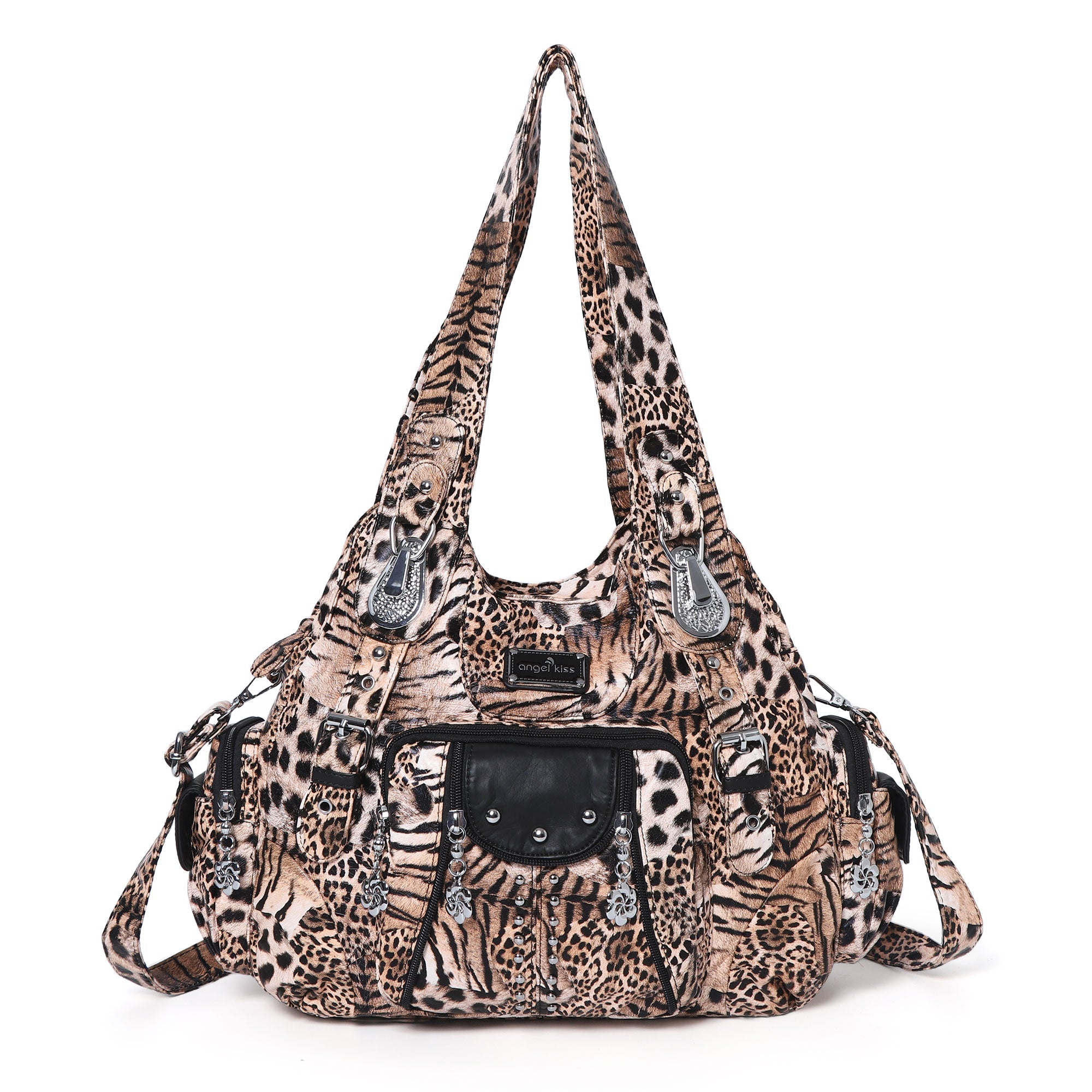 Washed leopard print PU multi-pocket shoulder bag for women-Angelkiss Bag
