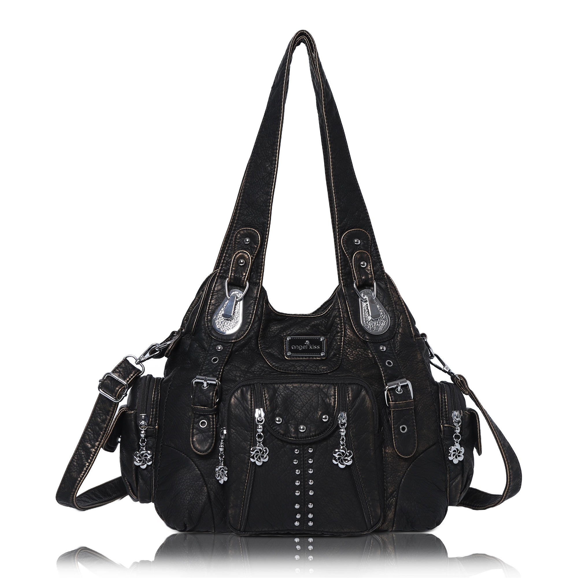 Women Shouder Handbag of Washed PU with Multi-pockets-Angelkiss Bag