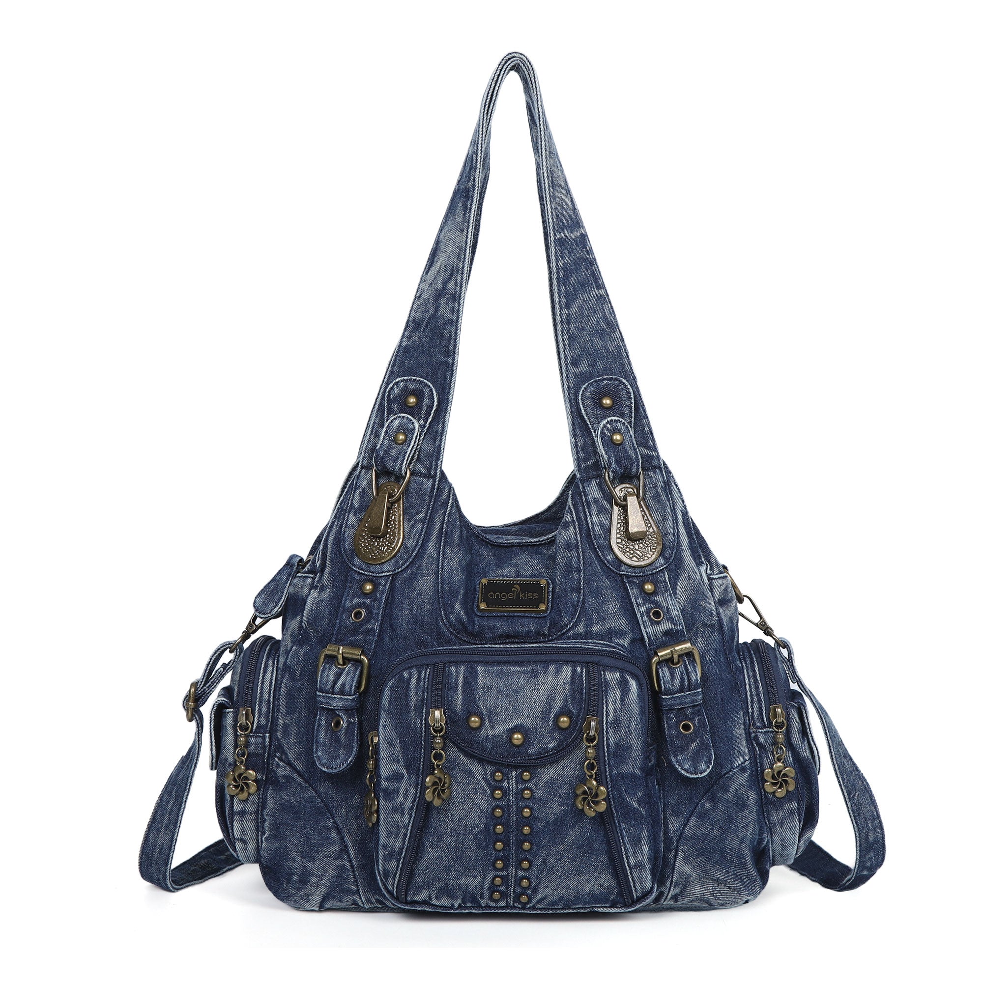 Washed denim vintage PU multi-bag shoulder bag for women-Angelkiss Bag