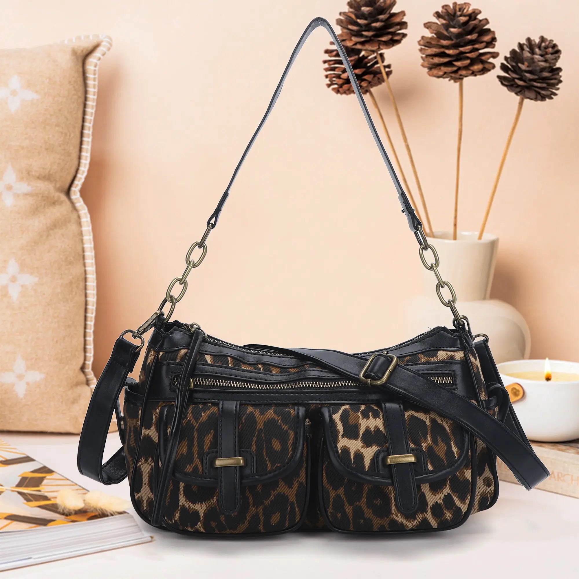 Small Shoulder Bag with Front Pockets and Chain Details