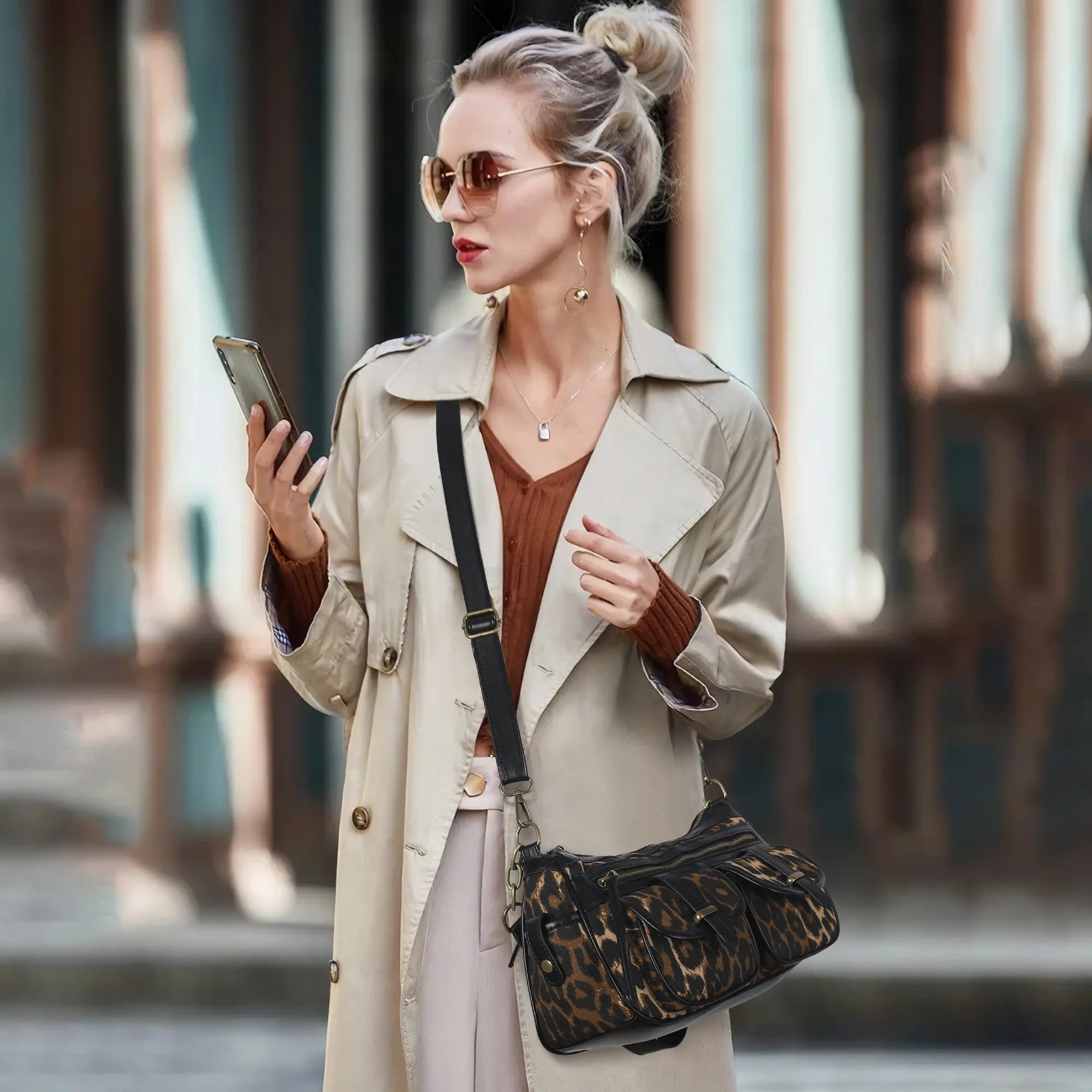 Small Shoulder Bag with Front Pockets and Chain Details