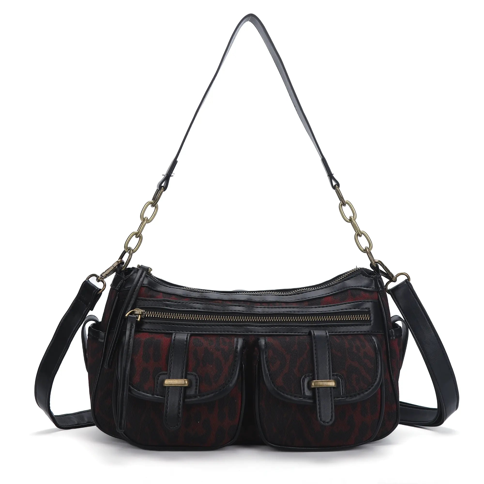 Small Shoulder Bag with Front Pockets and Chain Details