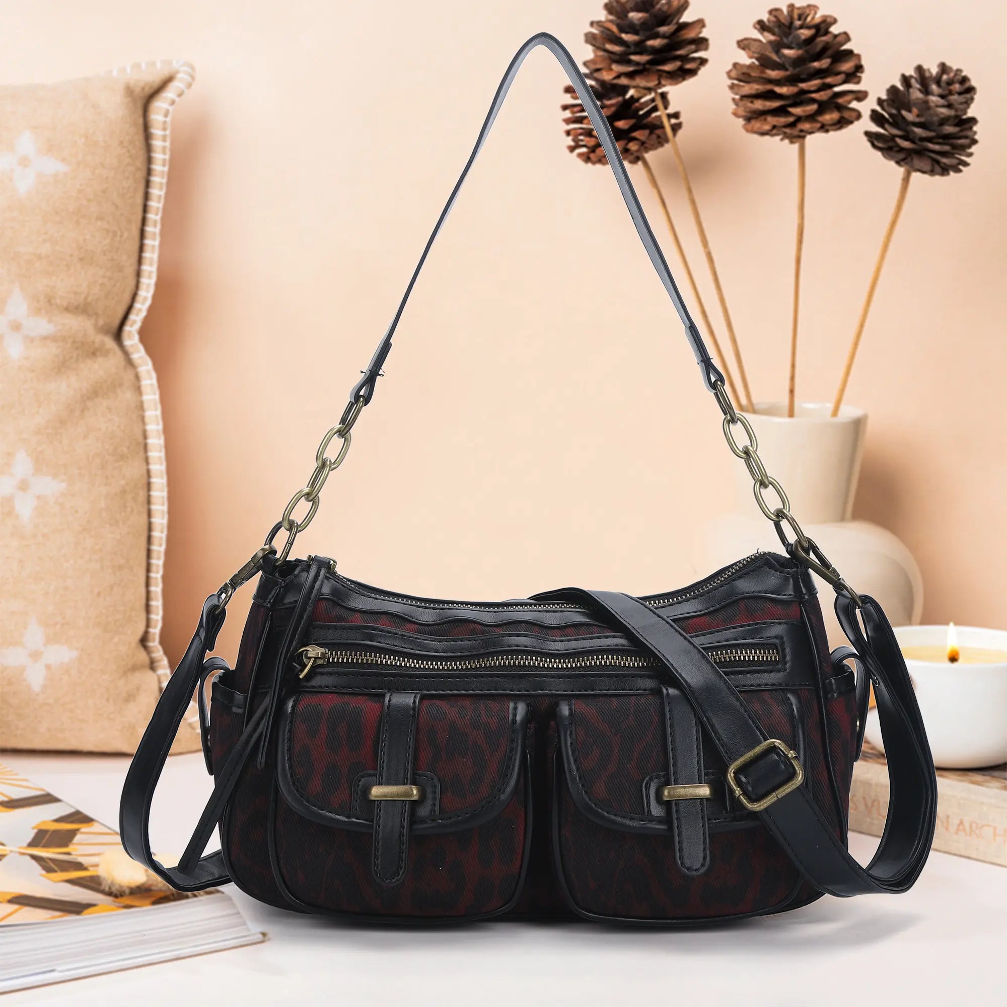 Small Shoulder Bag with Front Pockets and Chain Details