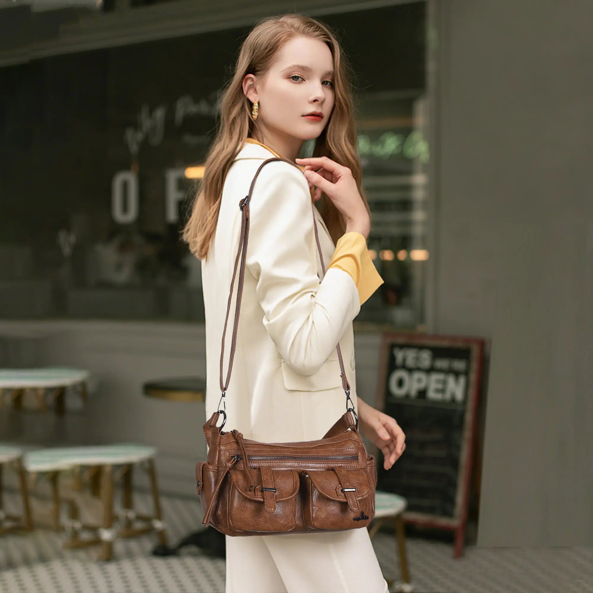 Small Shoulder Bag with Front Pockets and Chain Details