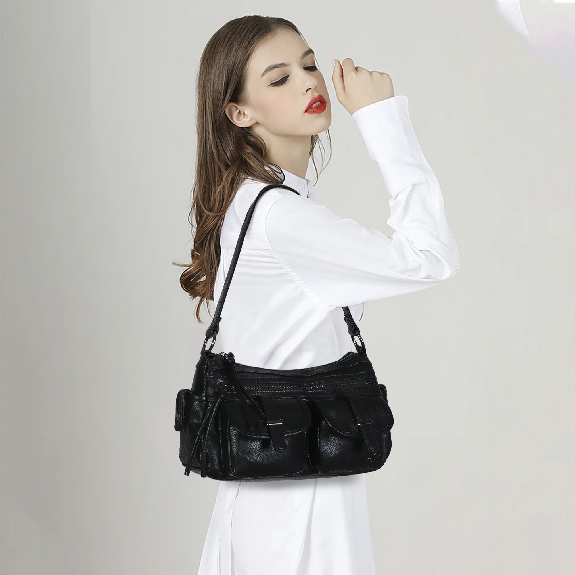 Small Shoulder Bag with Front Pockets and Chain Details