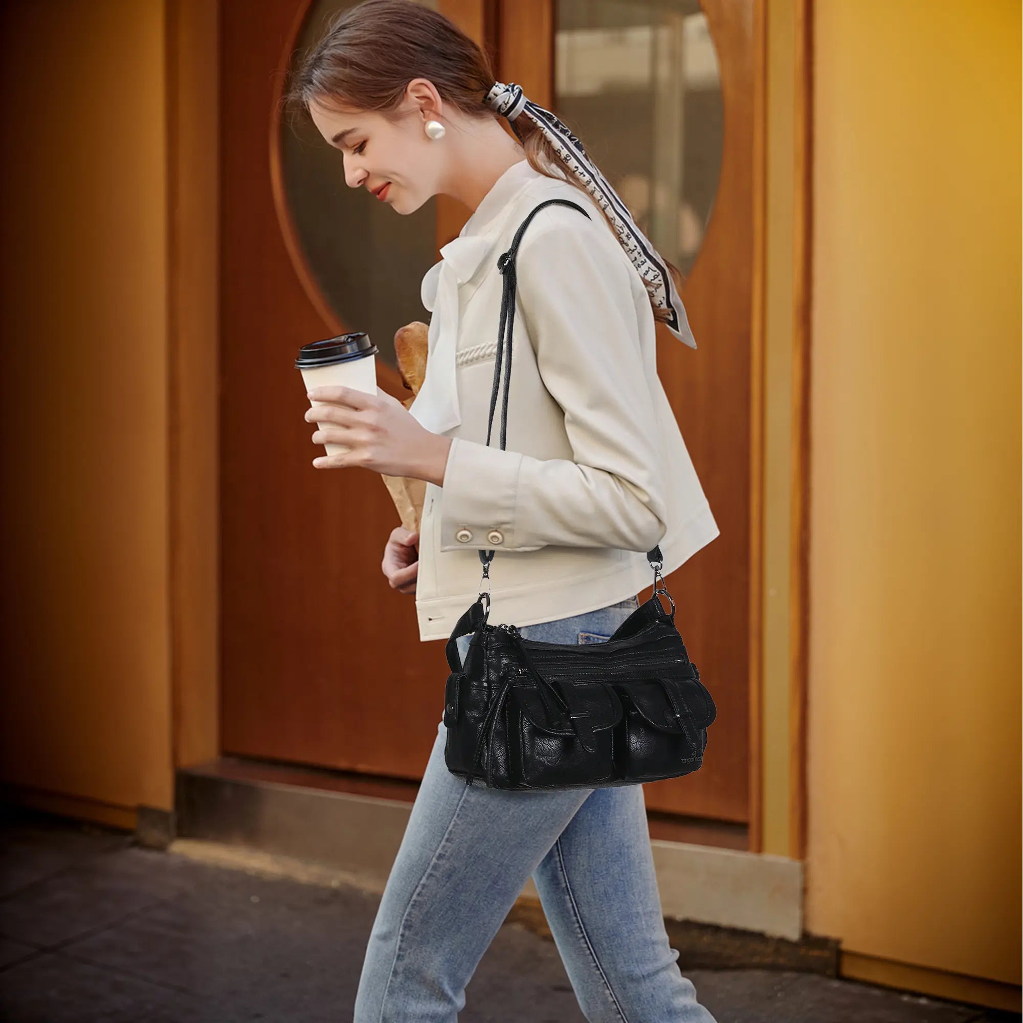 Small Shoulder Bag with Front Pockets and Chain Details