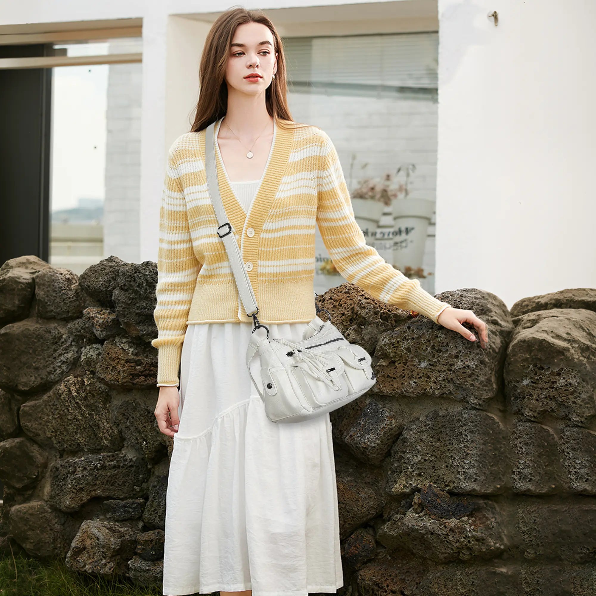 Small Shoulder Bag with Front Pockets and Chain Details